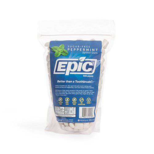 Epic Xylitol Chewing Gum - Sugar Free & Aspartame Free Chewing Gum Sweetened w/ Xylitol for Dry Mouth & Gum Health (Peppermint, 500-Piece Bag, 1 Bag)