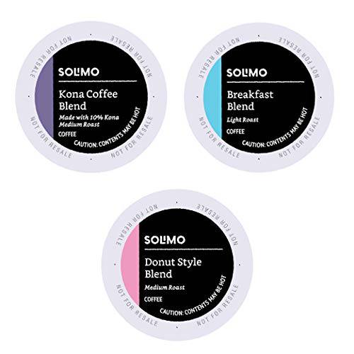 Amazon Brand - 100 Ct. Solimo Variety Pack Light and Medium Roast Coffee Pods (Kona, Breakfast, Donut), Compatible with Keurig 2.0 K-Cup Brewers