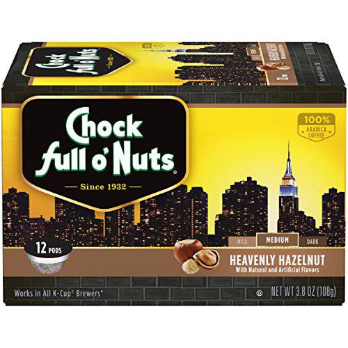 Chock Full o’Nuts Heavenly Hazelnut Medium Roast, K-Cup Compatible Pods (12 Count) – Arabica Coffee in Eco-Friendly Keurig-Compatible Single Serve Cups