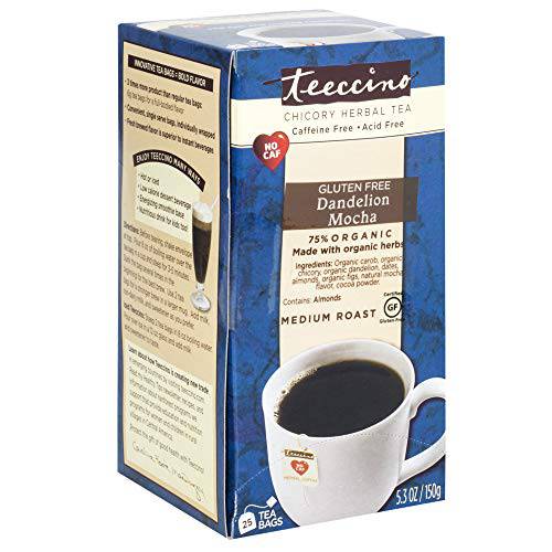 Teeccino Herbal Tea – Dandelion Mocha – Rich & Roasted Herbal Tea That’s Caffeine Free & Prebiotic with Detoxifying Dandelion Root, 25 Tea Bags