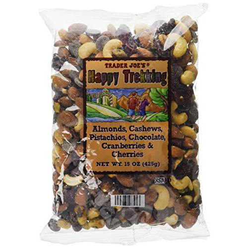Trader Joe’s Happy Trekking...Almonds, Cashews, Pistachios, Chocolate, Cranberries & Cherries...15 oz. bag...Low Sodium...No Gluten