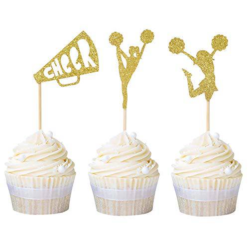 Ercadio 24 Pack Cheerleader Cupcake Toppers Gold Glitter Cheerleading Congratulation Cupcake Picks Birthday Party Cake Decors