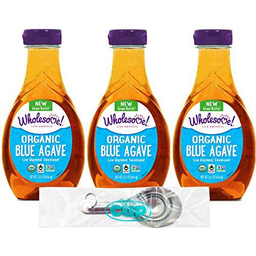 Wholesome Organic Blue Agave Nectar, Syrup, Low Glycemic Sweetener, Gluten Free, Non GMO, 23.5 Fluid Ounce Bottle (Pack of 3) - with By The Cup Measuring Spoons