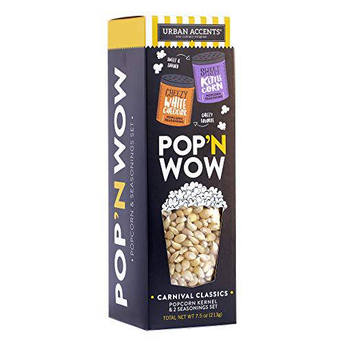 Urban Accents Pop ‘n ‘Wow­ Flavors for Popcorn­ – Carnival Classics Popcorn Kernels and Flavors Seasoning Gift Set - Non-GMO Kernel Popcorn, Kettle Corn Seasoning and White Cheddar Popcorn Topping