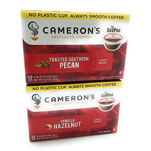 Camerons Variety Pack of Toasted Southern Pecan K Cups 12 count & Camerons Vanilla Hazelnut K Cups 12 Count, 4.33 oz Each