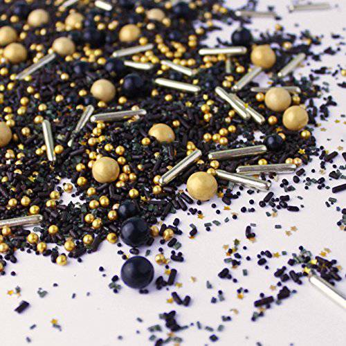 Black Gold Dessert Sprinkles Mix| Graduation Wedding Christmas New Year’s Cake Cupcake Cookie Sprinkles| Ice Cream Candy Decorating Sprinkles Toppers| Black Gold Colorful Sprinkles, 2oz