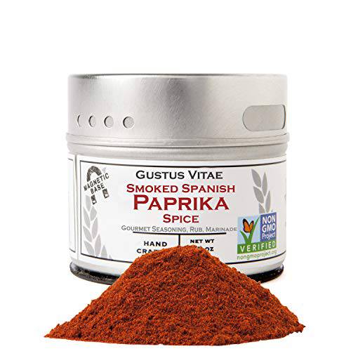 Smoked Spanish Paprika - Non GMO - Packed In Magnetic Tins - Sustainable - Grown in USA - All Natural - Not Irradiated - Crafted By Gustus Vitae - 1.6 Oz Net Weight - 4 Oz Tin
