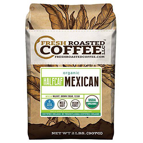 Fresh Roasted Coffee, Organic Mexican Swiss Water Half-Caf, 5 lb (80 oz), Kosher, Medium Roast, Whole Bean