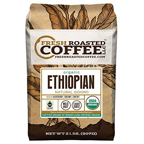 Fresh Roasted Coffee, Organic Ethiopian Sidamo, 5 lb (80 oz), Light Roast, Fair Trade Kosher, Whole Bean