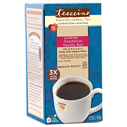 Teeccino Herbal Tea – Dandelion Vanilla Nut – Rich & Roasted Herbal Tea That’s Caffeine Free & Prebiotic with Detoxifying Dandelion Root, 25 Tea Bags