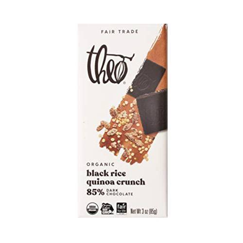 Theo Chocolate Black Rice Quinoa Crunch Organic Dark Chocolate Bar, 85% Cacao, 12 Pack | Vegan, Fair Trade