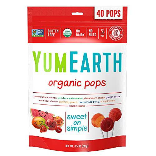 YumEarth Organic Lollipops, Assorted Flavors, 8.7 Ounce, 40 Lollipops (Pack of 1) - Allergy Friendly, Non GMO, Gluten Free, Vegan (Packaging May Vary)