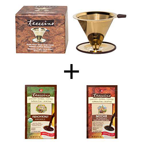 Teeccino Pour Over Coffee Maker with Herbal Coffee Sampler - French Roast & Mocha - 2x30g trial size samples with Filterless Coffee Dripper, Plastic-Free Coffee Maker, Make Like a Barista