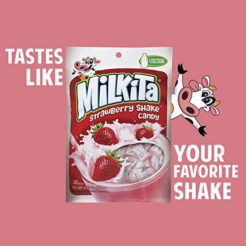 Milkita Creamy Shake Candy Bag, Gluten Free Chewy Candies with Calcium & Real Milk, Zero Trans Fat, Low-Sugar, Strawberry Flavor, 30 Pcs
