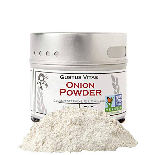 Onion Powder - Non GMO - Hand-Packed In Magnetic Tin - Sustainably Sourced - Grown in USA - All Natural - Not Irradiated - Crafted By Gustus Vitae - 1.4 Oz Net Weight - 4 Oz Tin