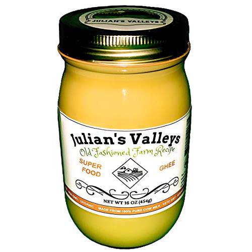 Julian’s Valleys Pure Ghee All Natural - Farm Recipe - Non GMO - Lactose & Gluten Free - Paleo & Keto Friendly - 16 Ounces Glass Jar