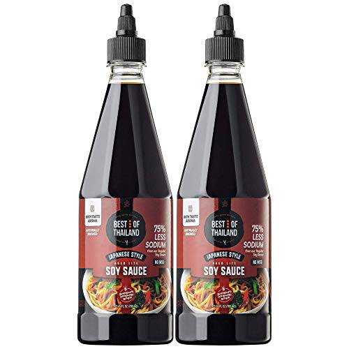 Best of Thailand Low Sodium Soy Sauce | Japanese Style Barrel Aged Lite Dark Soy Sauce | 2 Bottles of 23.65oz Real Authentic Asian-Brewed Marinade Sauce & Glaze for Sushi | No MSG 75% Less Sodium