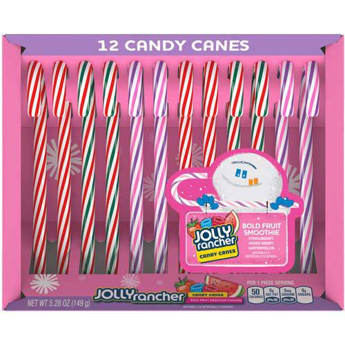 Hershey (1) Box Jolly Rancher Candy Canes - Bold Fruit Smoothie Flavors - Strawberry, Mixed Berry, Watermelon - 12pc Holiday Candy - Net Wt. 5.28 oz