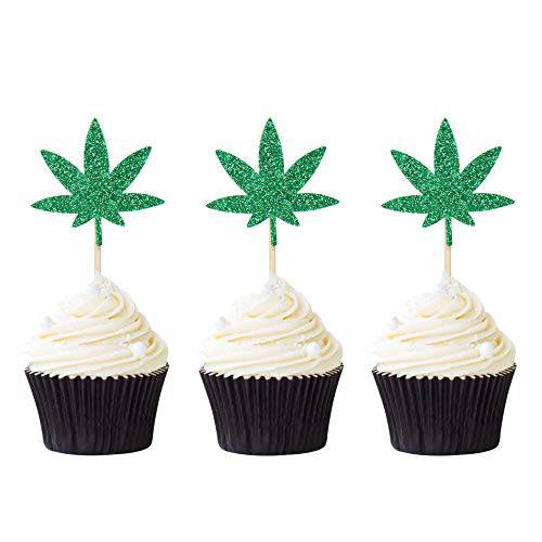 Pack of 24 Marijuana leaf Cupcake Toppers Glitter Green leaf Cupcake Picks Themed Party Decorations Supplies