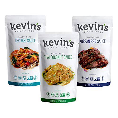 Kevin’s Natural Foods Keto and Paleo Simmer Sauce Variety Pack - Stir-Fry Sauce, Gluten Free, No Preservatives, Non-GMO - 3 Pack (Teriyaki/ Thai Coconut/ Korean BBQ)