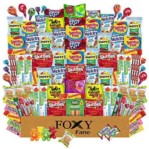 Foxy Fane 99 count Candy Gift Box - Ultimate Basket with Variety Assortment of Gummies & Candy - Licorice Sour & Fruit Flavored, Taffy, Lollipops & Suckers - Bulk Bundle of Delicious Treats (99 Packs)