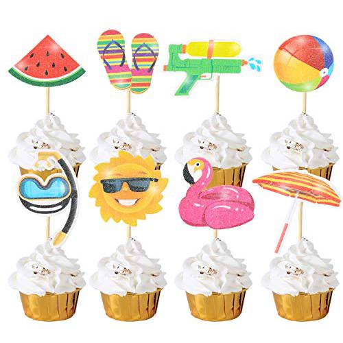 36Pcs Hawaii Theme Party Decoration,Summer Pool Beach Party Cupcake Topper