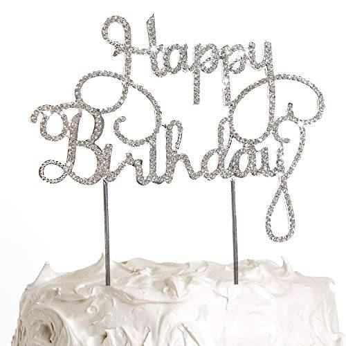 PartyWoo Happy Birthday Cake Topper, Silver Rhinestones Cake Topper, 6.7 Inch Reusable Birthday Cake Topper, Cake Toppers for Cake Decorating, Birthday Cake Topper for Birthday Decorations (1 Piece)
