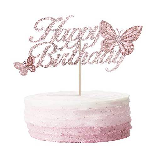 ALISSAR Rose Gold Happy Birthday Cake Topper with 3d Handmade Butterfly, Butterfly Cake Toppers for Girls Women’s Birthday Cake Party Decorations (rose gold)
