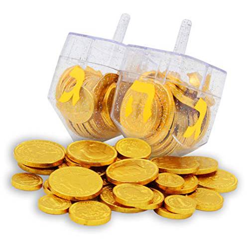 Dreidel Filled with Hanukkah Chocolate Gelt Coins, 20 Belgian Chocolate Half Dollar Coins, Chanukah Gelt, Kosher (2-Pack)