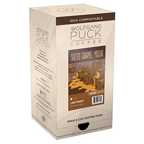 Wolfgang Puck Coffee, Salted Caramel Mocha Coffee, 9.5 Gram Pods, 18 Count