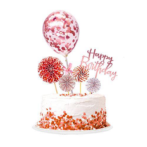 kortes Rose Gold Birthday Cake Topper Set, Rose Gold Fan Cupcake Toppers Rose Gold Acrylic Cupcake Topper Confetti Balloon Birthday Cake Decoration Supplies