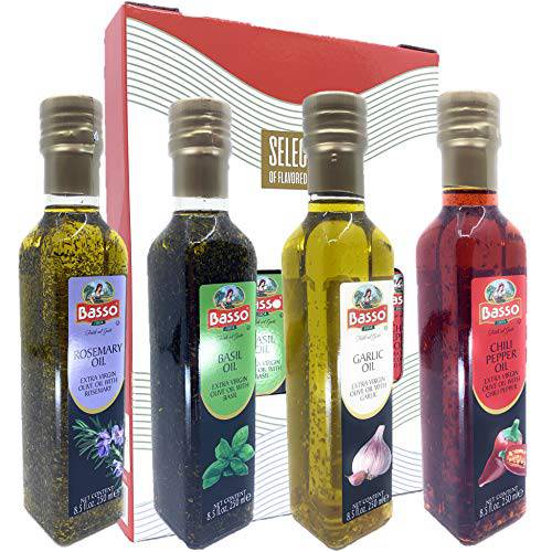 Gourmet Italian Oil Tasting Set, Luxury Gift Box included, Naturally Infused Flavored Extra Virgin Olive Oil for Dipping & Tasting, Great Corporate Gift, 4 bottles x 8.5 fl.oz (250ml) Product of Italy