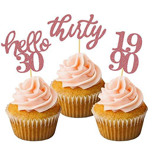 24 Pcs Rose Gold Glitter 30th Birthday Cupcake Toppers for 30th Anniversary Birthday Party Wedding Party Decorations
