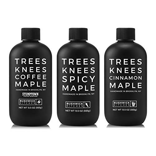 Trees Knees Maple Syrup Sampler Gift Set, Three (3) 11.5 oz Bottles of Organic Maple Syrup in Gift Box, Spicy Maple, Coffee Maple and Gingerbread Syrup with Recipes & Tea Towel, Food Gifts, Unique Gifts