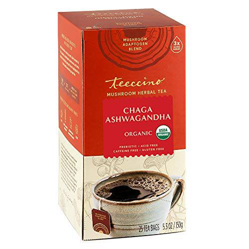 Teeccino Mushroom Adaptogen Herbal Tea – Chaga Ashwagandha Butterscotch Cream – Support Your Health with Wild-Harvested Mushrooms & Adaptogenic Herbs – 25 Tea Bags