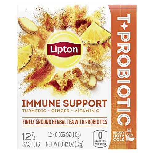 Lipton Tea Sachets For a Refreshing Cup of Flavored Tea Turmeric Ginger + Vitamin C Finely Ground Herbal Tea With Probiotics .42 oz 12 Servings, Pack of 9