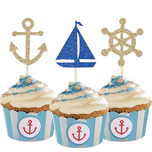 24 Pcs Nautical Theme Glitter Cupcake Picks Cupcake Toppers Food Fruit Picks for Decoration Party Favors