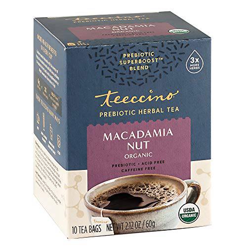 Teeccino Prebiotic SuperBoost Herbal Tea – Macadamia Nut – Support Your Probiotics with Vegan GOS & Organic XOS For Good Gut Health – Digestive Dessert Tea, 10 Tea Bags