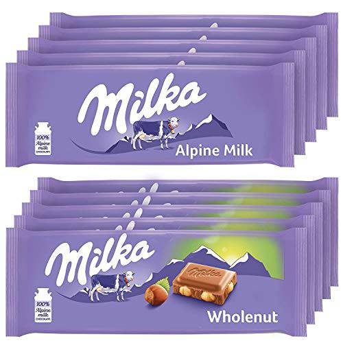 Milka European Chocolate Bars Variety Pack, Alpine Milk Chocolate & Wholenut Hazelnut Chocolate, 10 - 3.52 Oz Bars