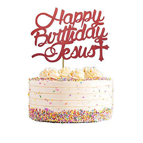Happy Birthday Jesus Cake Topper, Red Glittery Jesus Birthday Cake Decorations, Jesus is Reason for the Season for Christmas Jesus Birthday Party Decorations