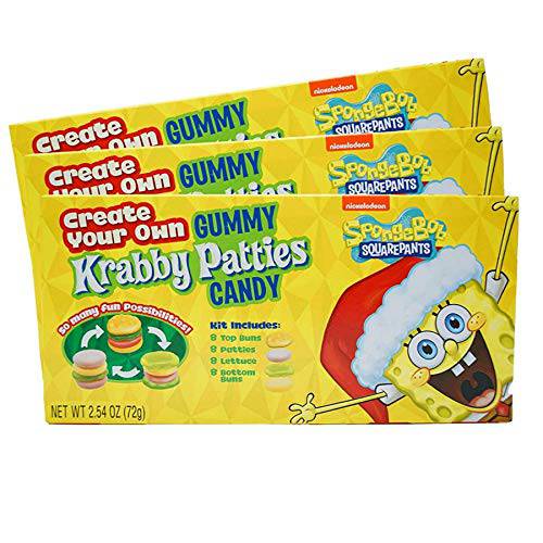Spongebob Squarepants Your Own Gummy Krabby Patties Candy, Movie Theater Box Stocking Stuffer, Pack of 3, 2.54 Ounces