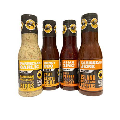 Buffalo Wild Wings Sauce Variety Sampler Bundle - Parmesan Garlic, Honey BBQ, Asian Zing, Caribbean Jerk - 12 ounces each