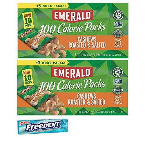 Emerald Cashews Roasted and Salted 100 Calorie Packs. Healthy, Low Carb Protein Snacks. Includes 2 Boxes Plus a 5 Pack Gum Sample.