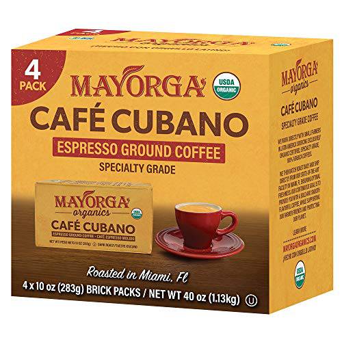 MAYORGA COFFEE Café Cubano Roast, Espresso Ground Coffee, Dark Roast (4 x 10 ounce Bricks), the World’s Smoothest coffee, Organic, non-GMO, Specialty Coffee, Direct Trade, Kosher