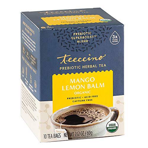 Teeccino Prebiotic SuperBoost Herbal Tea – Mango Lemon Balm – Support Your Probiotics with Vegan GOS & Organic XOS For Good Gut Health – Digestion & Sleep Tea, Caffeine-Free, 10 Tea Bags