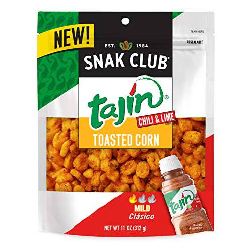 Snak Club Toasted Corn, Tajin Clasico Chili & Lime Flavored, Crunchy, Flavorful Low-Cholesterol Snacks in Resealable Bag, 11 Ounce (Pack of 6)