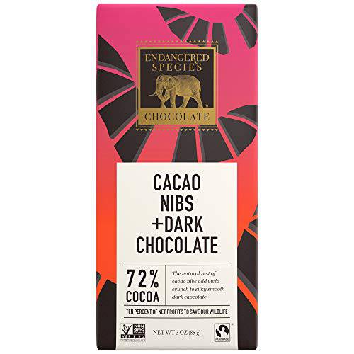 Endangered Species Chocolate, Bars + Cocoa a bold taste packed antioxidants Vegan Gluten Free 3 Bars Pack, Intense Dark Chocolate (72%) with Cacao Nibs, 36 Ounce, (Pack of 12)