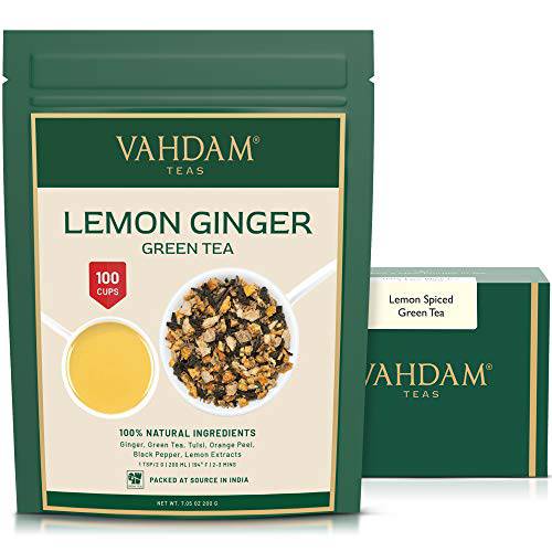 VAHDAM Lemon Ginger Green Tea Loose Leaf - Set of 2(3.5oz each) | Loaded with Lemon extracts + Ginger + Green Tea + Tulsi | Brew 100+ Cups | 100% PURE & FRESH | CITRUSY & SPICY