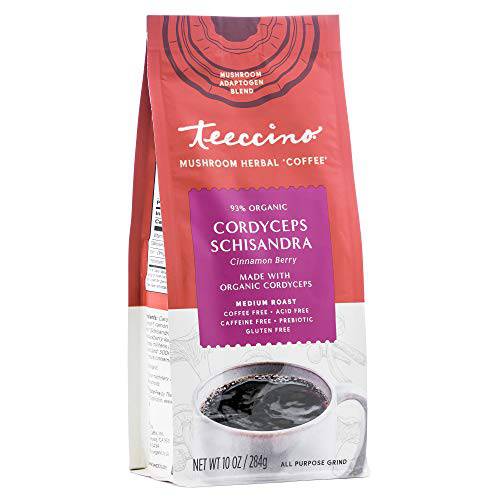 Teeccino Mushroom Adaptogen Coffee Alternative – Cordyceps Schisandra Cinnamon Berry – Caffeine-Free Mushroom Coffee for Increased Endurance with a Natural Energy Boost, 10 Ounce