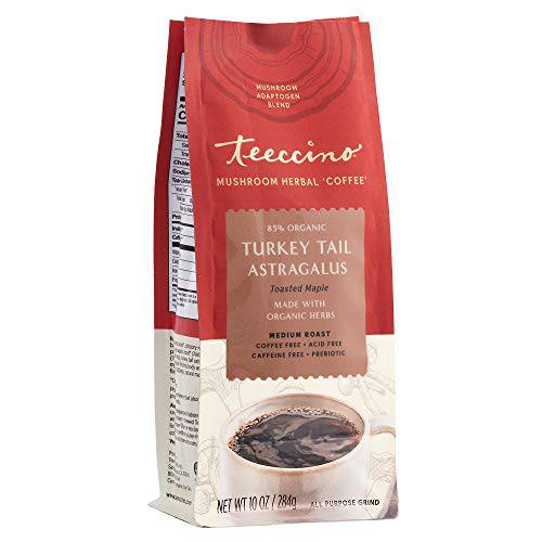 Teeccino Mushroom Adaptogen Coffee Alternative – Turkey Tail Astragalus Toasted Maple – Caffeine-Free Mushroom Coffee for Restoring Vitality, Gut Health & Immune Support, 10 Ounce